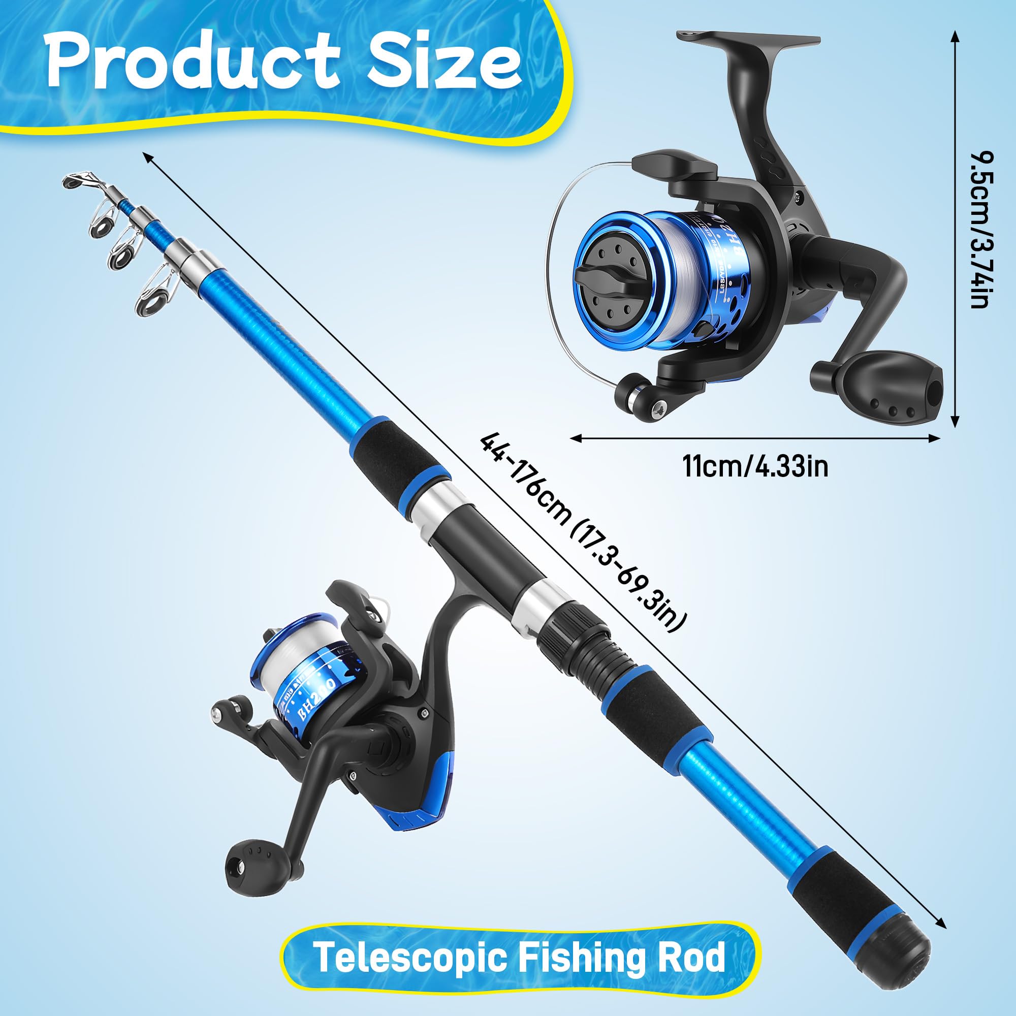 Starvortex Zestaw startowy dla dzieci, 45 cm - 176 cm, teleskopowa wędka i zestaw kołowrotka zawiera miękkie haczyki na przynęty, torba transportowa, wędki podróżne, idealna zabawka na zewnątrz