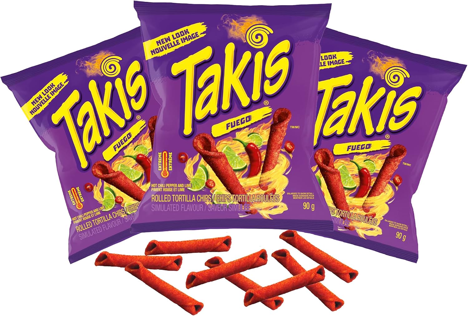 GroceriesRus TAKIS Fuego Spicy Chili Pepper and Lime Rolled Tortilla Chips 90g Pack of 3