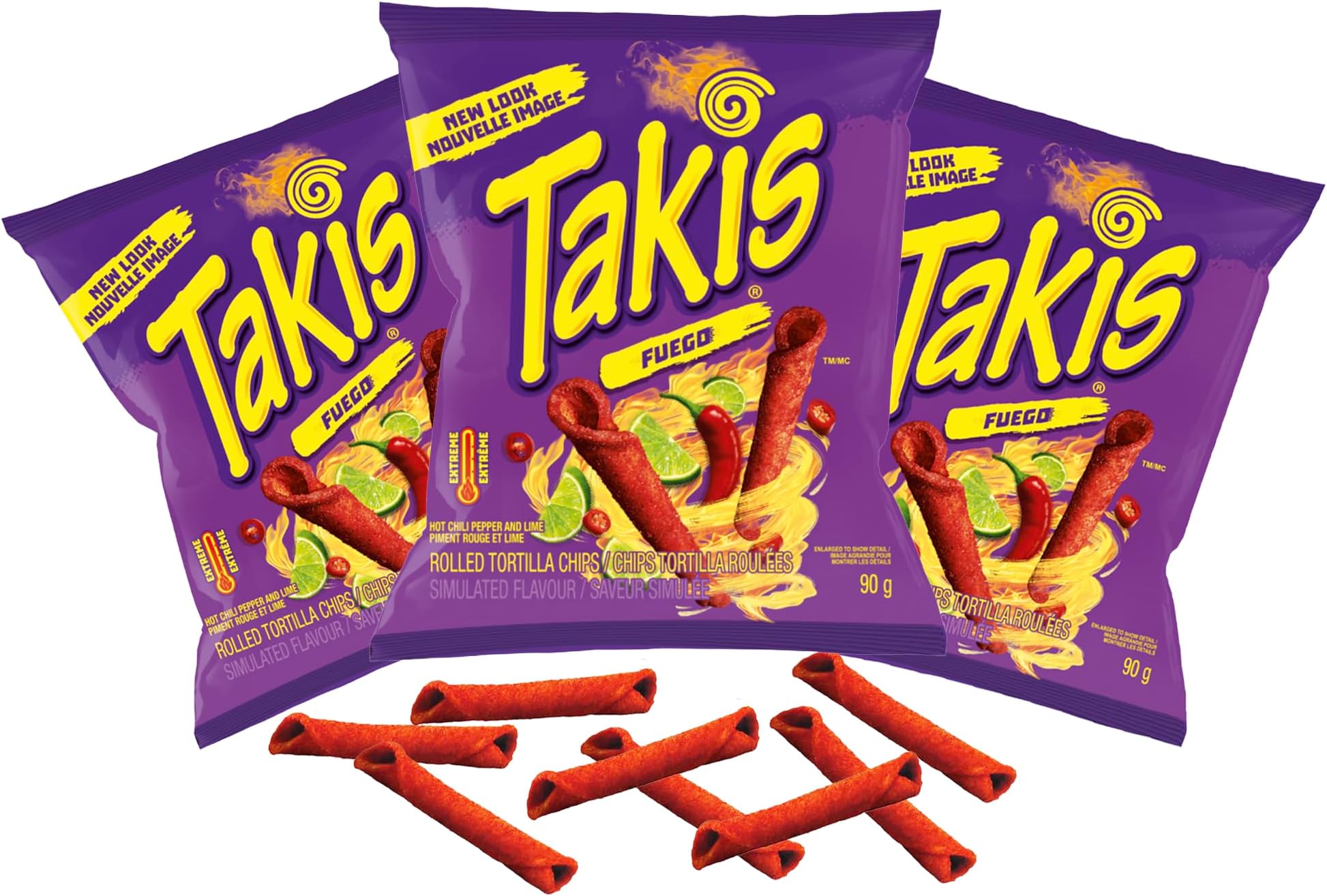 GroceriesRus TAKIS Fuego Spicy Chili Pepper and Lime Rolled Tortilla Chips (90g) (Pack of 3)