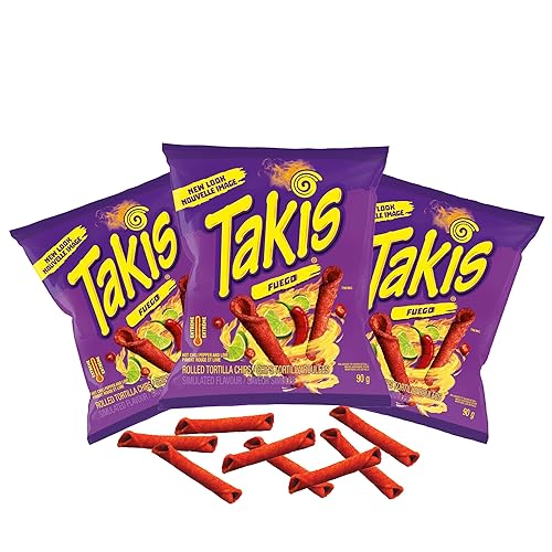 GroceriesRus TAKIS Fuego Spicy Chili Pepper and Lime Rolled Tortilla Chips (90g) (Pack of 3)