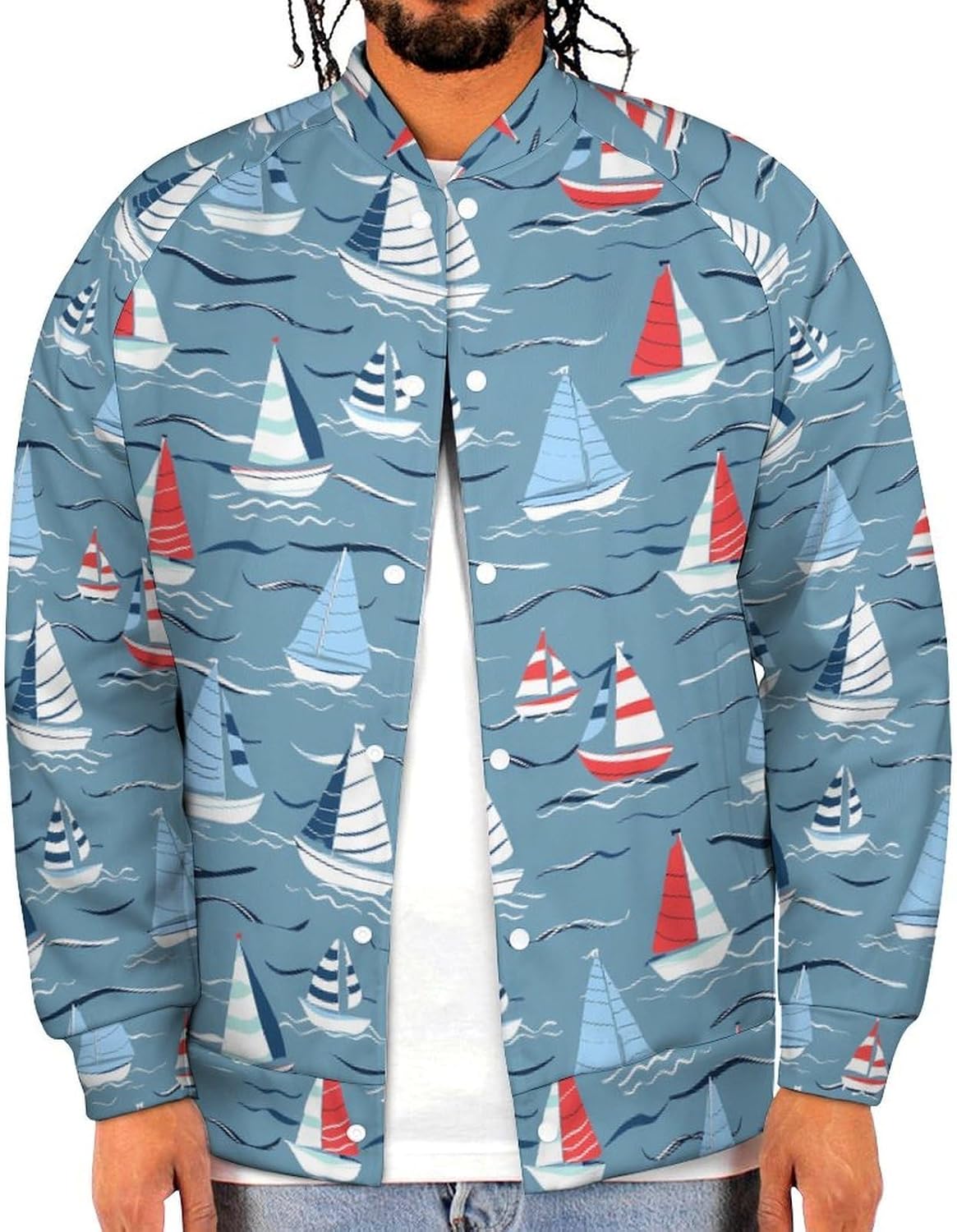 Ocean Boats Novelty Men's Baseball Jackets Causal Sweatshirt Button Top Long Sleeve Coat