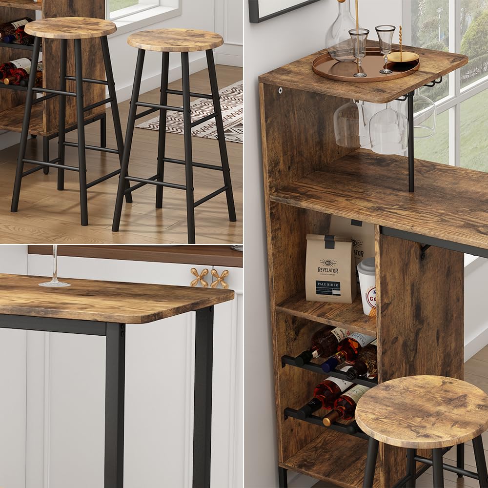 Vicco Set de Table de Bar Fyrk, Noir/chêne Rustique, 121.5x40cm avec 2 tabourets, Convient comme Coin Repas avec Surfaces de Rangement pour Le Stockage