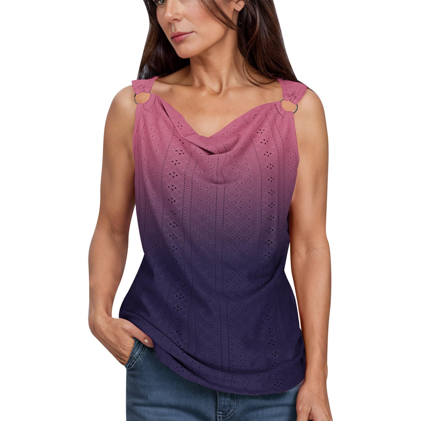 Womens Summer Eyelet Tank Tops Trendy O-Ring Strappy Sleeveless Shirts Loose V Neck Camisoles Cute Lace Cami Tshirt