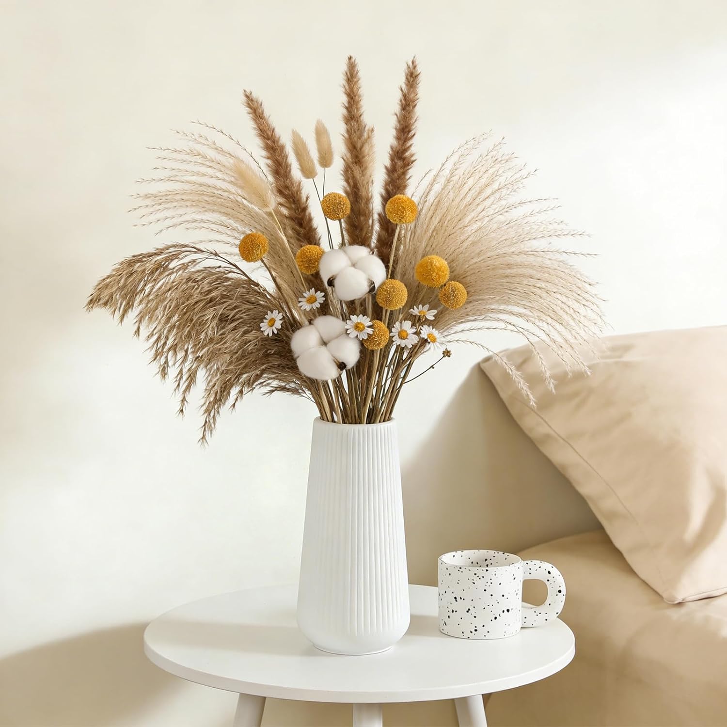 White Ceramic Vase for Pampas Grass, Modern Ribbed Matte Flower Vase, Minimalist Decorative Vase for Home Decor, Living Room, Bathroom, Shelf, Table Centerpiece (White)