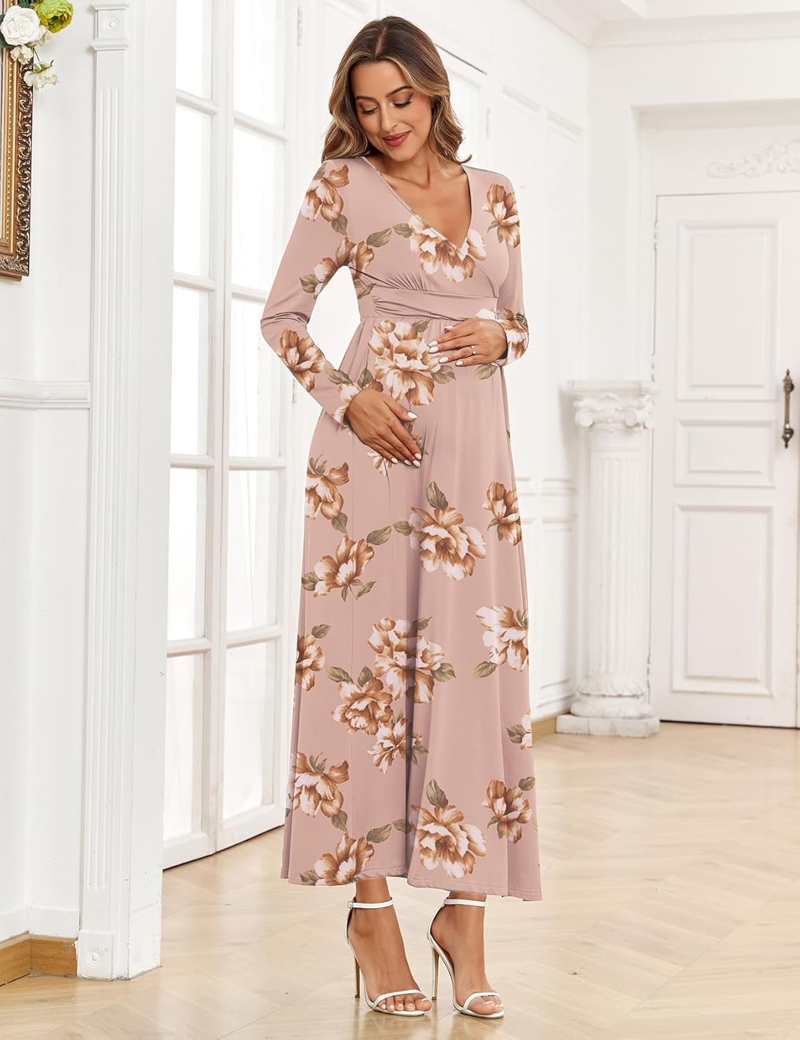 2025 Women's Maternity Maxi Dress Long Sleeve Wrap V Neck Pregnancy Dresses with Pockets Baby Shower Photoshoot Formal - Image 5