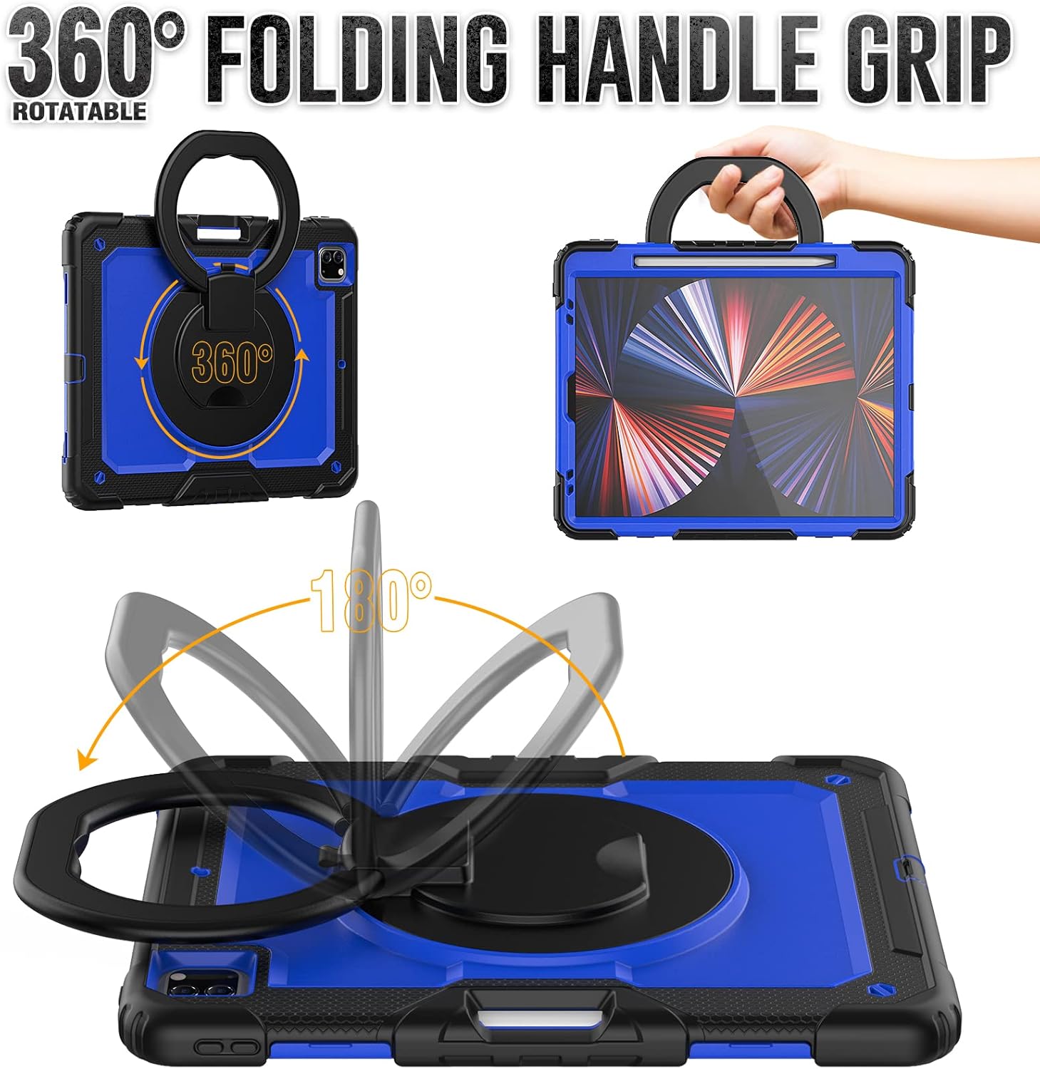 Case for iPad Pro 12.9-Inch 6th/5th/4th Generation 2022/2021/2020 with Pencil Holder, [3-Layer] Heavy Duty Protective Case with 360° Rotating 180° Folding Handle Kickstand,Blue+Black