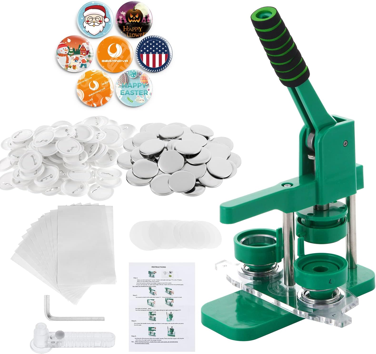 BEAMNOVAUpgraded Button Maker Machine with Absorbable Mold, 100 Button Parts Supplies, 44mm / 1.73 in (About 1-3/4 Inch) DIY Round Pin Maker Kit