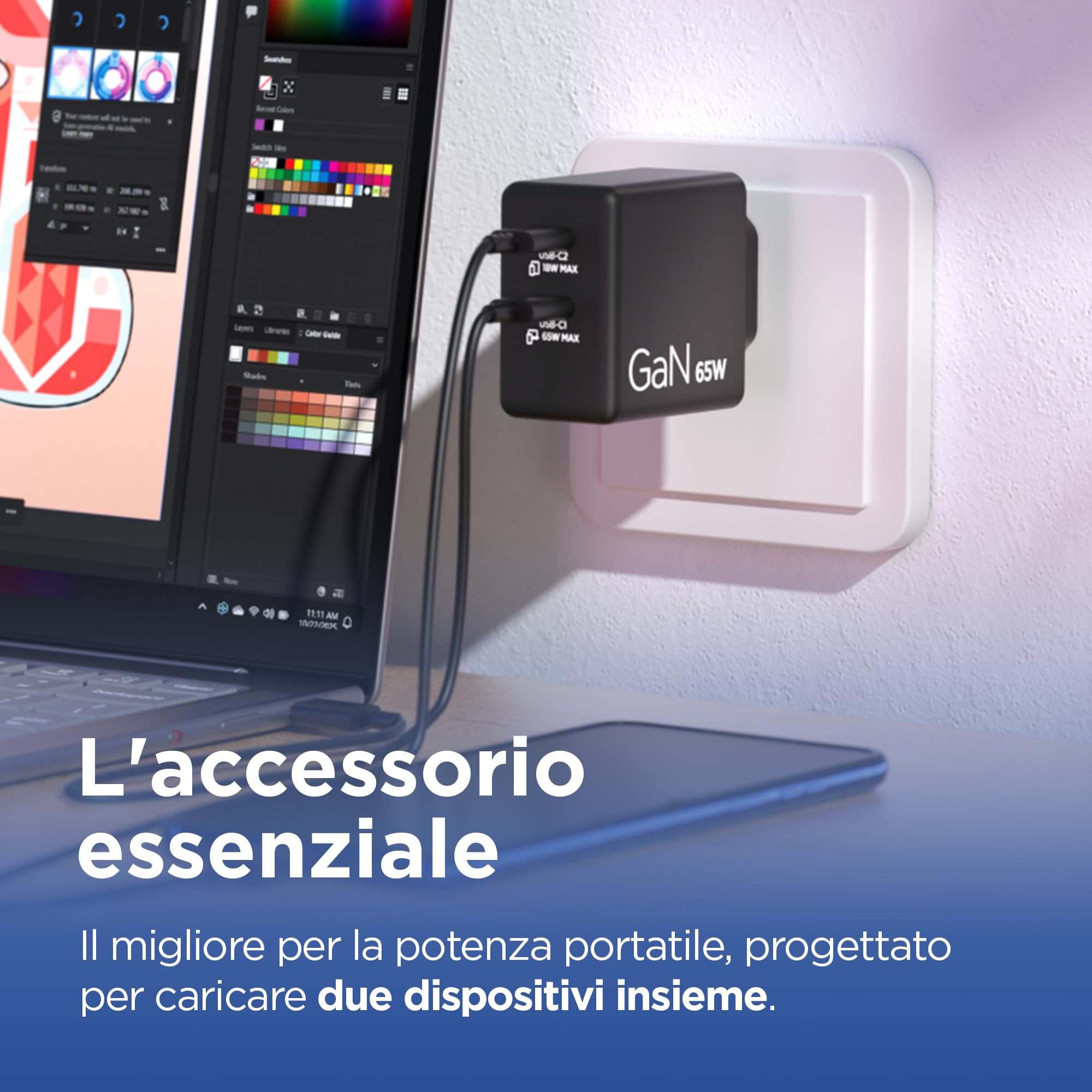 Lenovo Dual USB-C 65W GaN Charger - EU, 2 porte USB-C con split 45W+18W, caricatore compatto per notebook e dispositivi USB-C