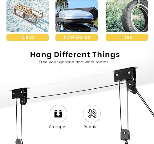 Miniatura 6 de VIVOHOME Sistema de polea de elevación de kayak para almacenamiento de garaje para canoa para bicicleta, sistema colgante de techo de 125 libras,