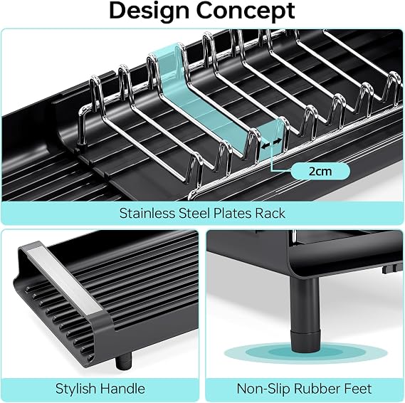 KINGRACK Small Expandable Dish Drainer Rack, Black | Removable Cutlery Holder, Anti Rust Sink Drainer, Compact Draining Board for Kitchen