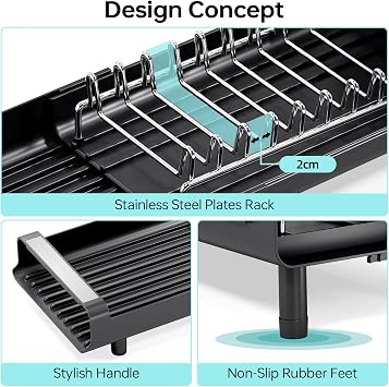 KINGRACK Small Expandable Dish Drainer Rack, Black | Removable Cutlery Holder, Anti Rust Sink Drainer, Compact Draining Board for Kitchen