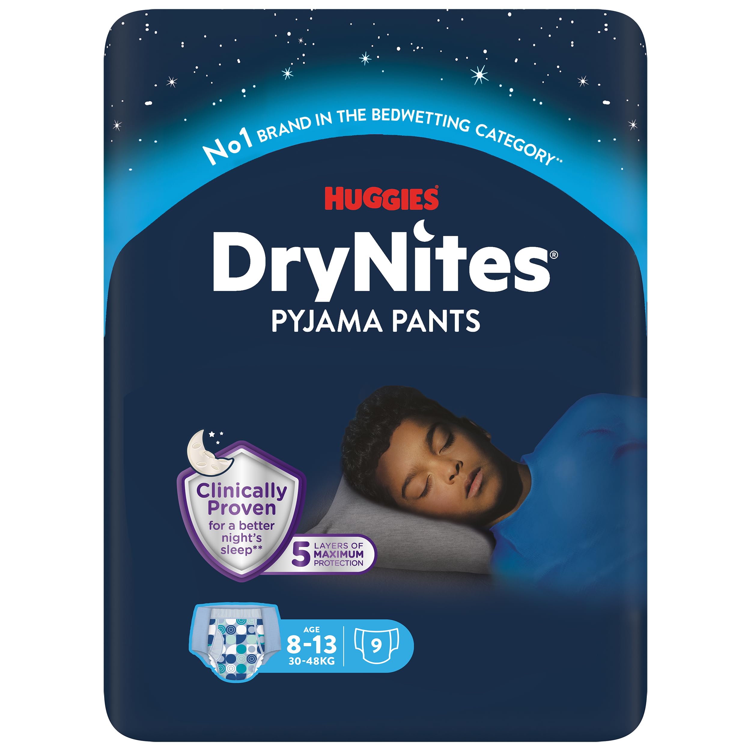 Huggies DryNites Nachtwindeln bei Bettnässen, für Jungen 8-13 Jahre (30-48 kg), 9 Stück