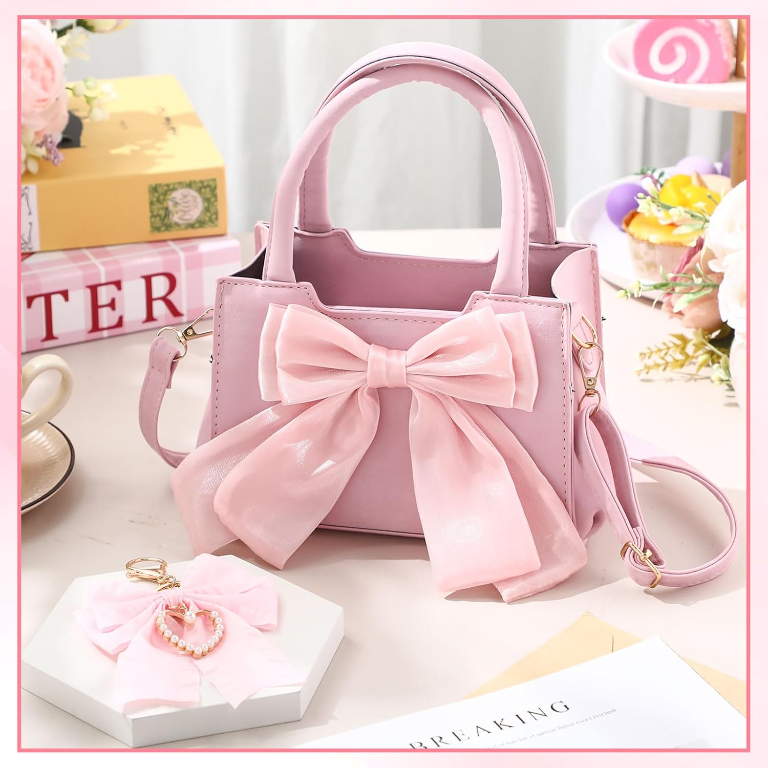 Abbylike Cute Purses for Women Leather Crossbody Handbags with Bow Charm, Adjustable Shoulder Strap and Top Carry Handle