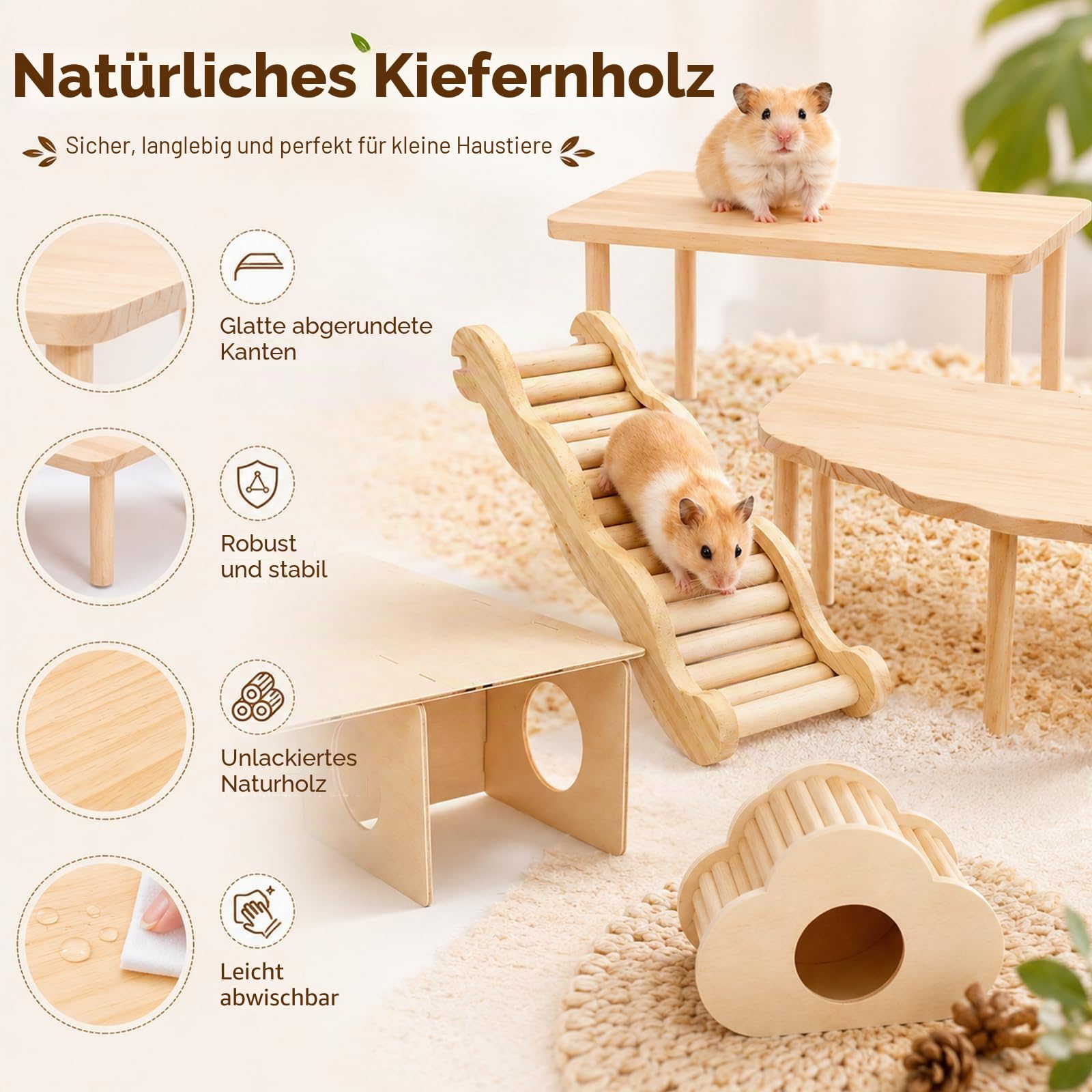 Hamster Plattform 5er Set, Hamster Spielzeug mit Plattform, Fächerplattform, Wellenleiter, Verstecktunnel & Wolkenhaus, Hamster Zubehör aus Naturholz für Meerschweinchen Chinchilla Kleintiere Käfig