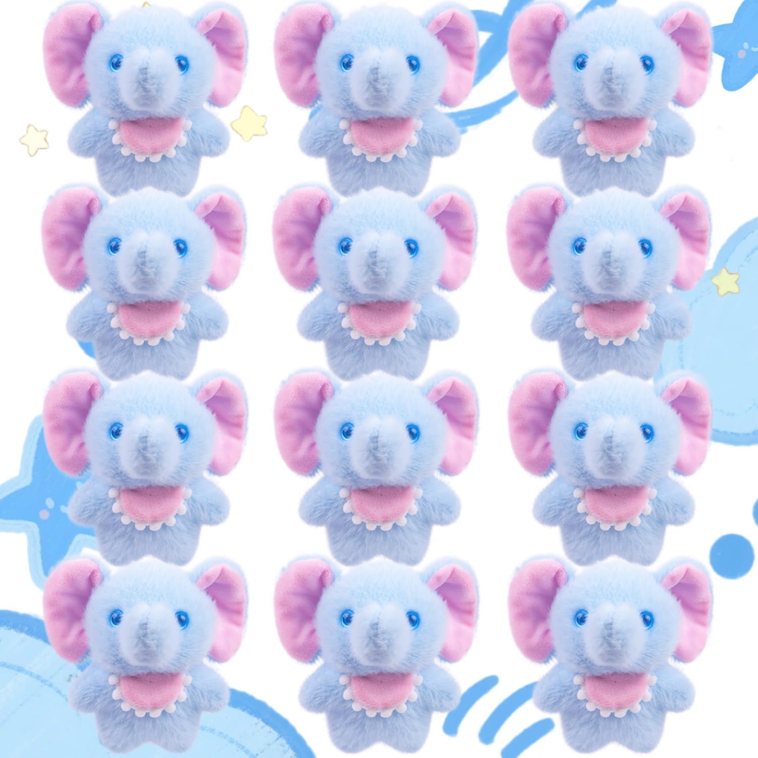ARELUX 12-Pack Blue Elephant Plush Bulk Party Decor Set, Safari Theme Soft Stuffed Animals for Table Centerpieces, Goody Bag Fillers, Themed Events