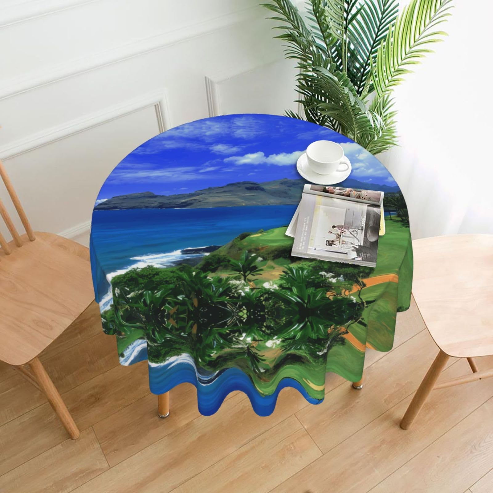 YYHWHJDE Scenic Hawaii Golf Tropical Prints Round Decorative Table Throw 60in – Waterproof Table Cover for Elegant Dining & Outdoor Gatherings