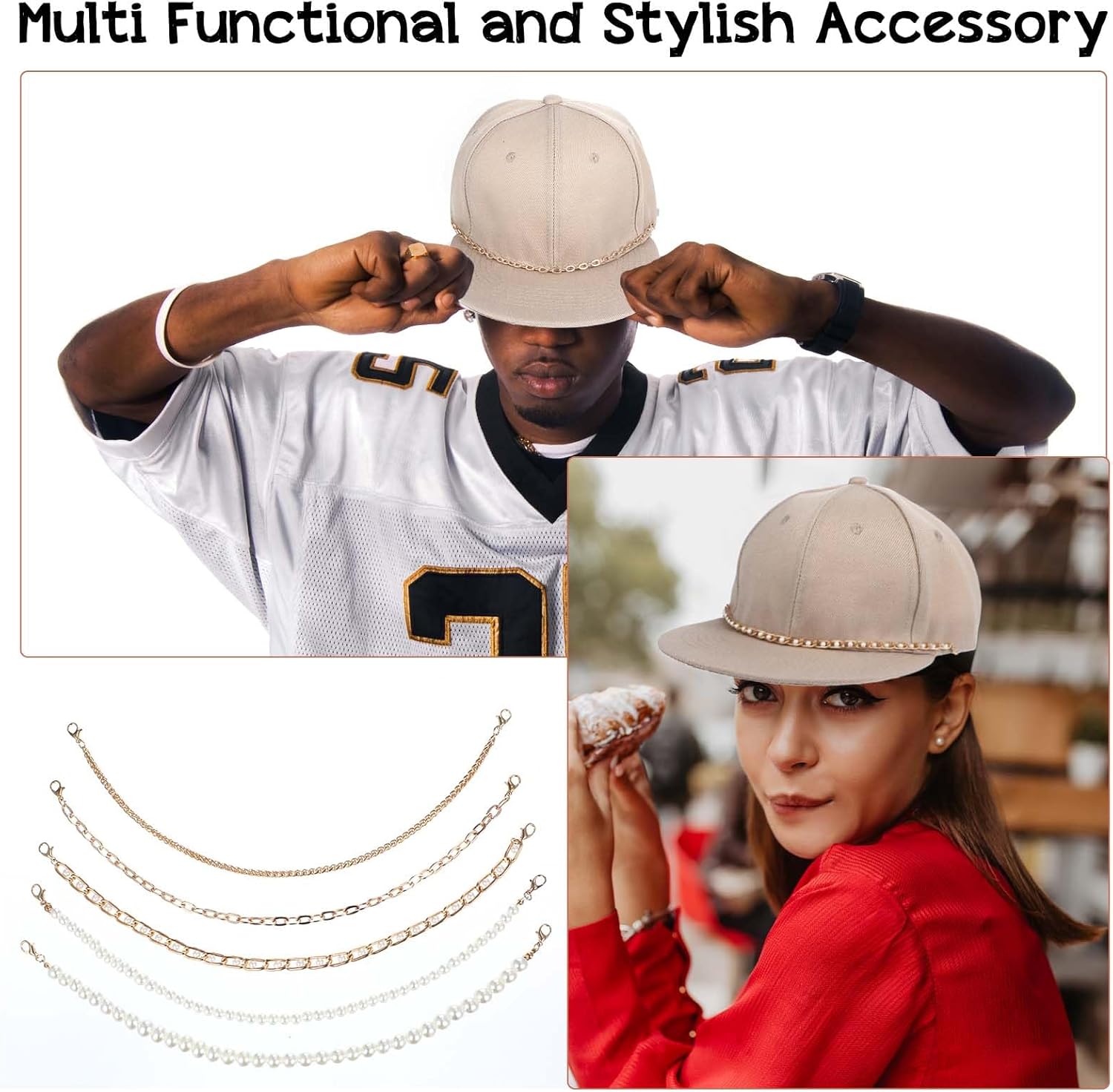 5Pcs Trucker Hat Chains for Women Men, 5 Style Detachable Chains, Bill Decoration, Trucker Bulk Hat Charms DIY Mesh Baseball Cap Truckers Jewelry Accessories Assorted Styles(gold, pearl) - Image 5