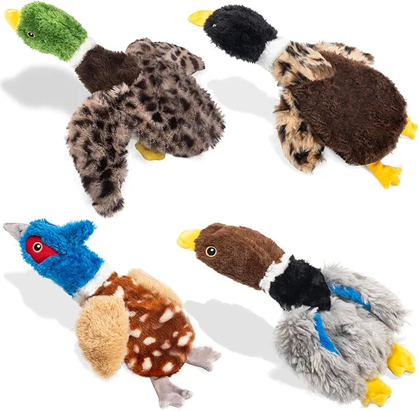 Calibonbon Dog Squeaky Toy Set – 4-Pack Durable Plush Duck, Pheasant, Goose for Small and Medium Dogs – Soft Bird Chew Toys with Crinkle Sound for Puppy Play, Interactive Training
