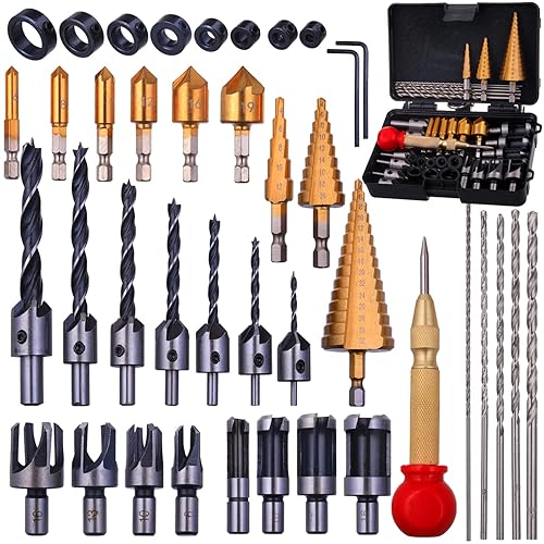 Rocaris 39 Pack Woodworking Chamfer Drilling Tools, Including Countersink Drill Bits, L-Wrench, Wood Plug Cutter, Step Drill Bit, Center Punch, Drill Stop Bit Collar Set, Twist Drill Bit Tool