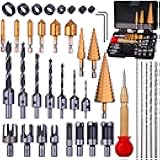 Rocaris 39 Pack Woodworking Chamfer Drilling Tools, Including Countersink Drill Bits, L-Wrench, Wood Plug Cutter, Step Drill Bit, Center Punch, Drill Stop Bit Collar Set, Twist Drill Bit Tool