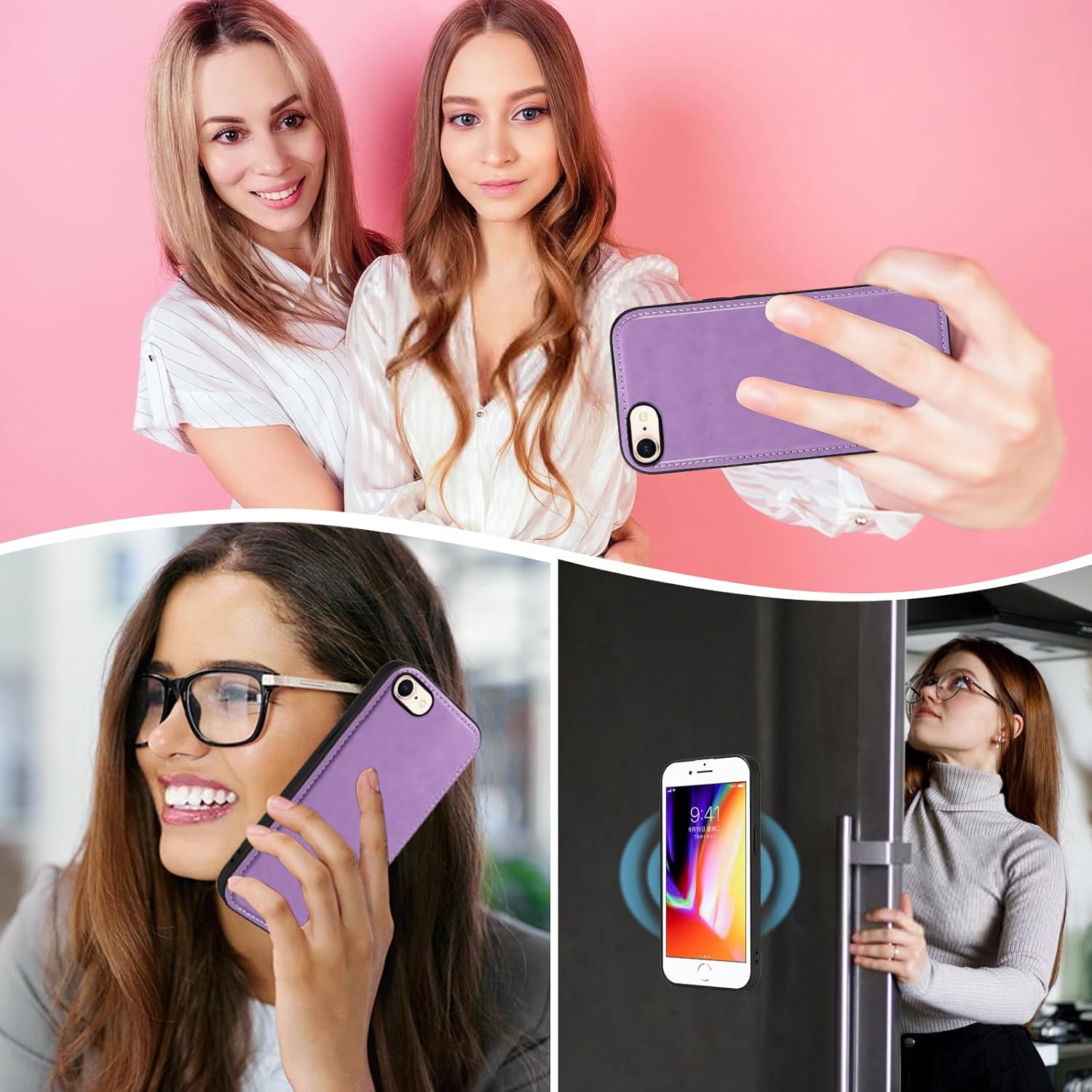 Phone Case for iPhone 7/8/SE 2020/2022 Zipper Wallet Cell Cover with Screen Protector Strap Flower Card Holder iPhone7 iPhone8 7s 8s i SE2020 SE2022 2/2nd/3/3rd Generation SE2 SE3 7SE 8SE Women Purple