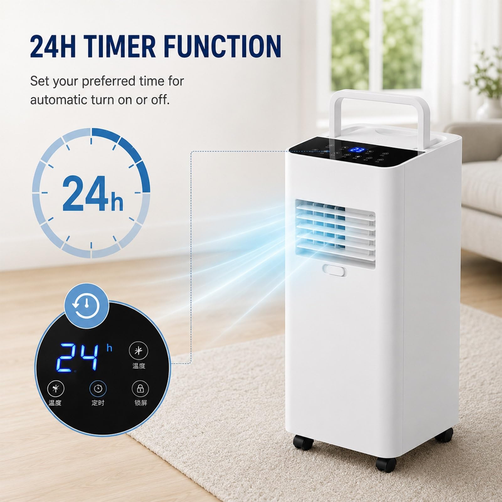 Aire Acondicionado Portatil, Refrigeración, Ventilador y Deshumidificación | Air Conditioner Silencioso con Tubo Exterior 24h Timer para Dormitorios, Oficinas y Salones, No Necesita Agregar Agua