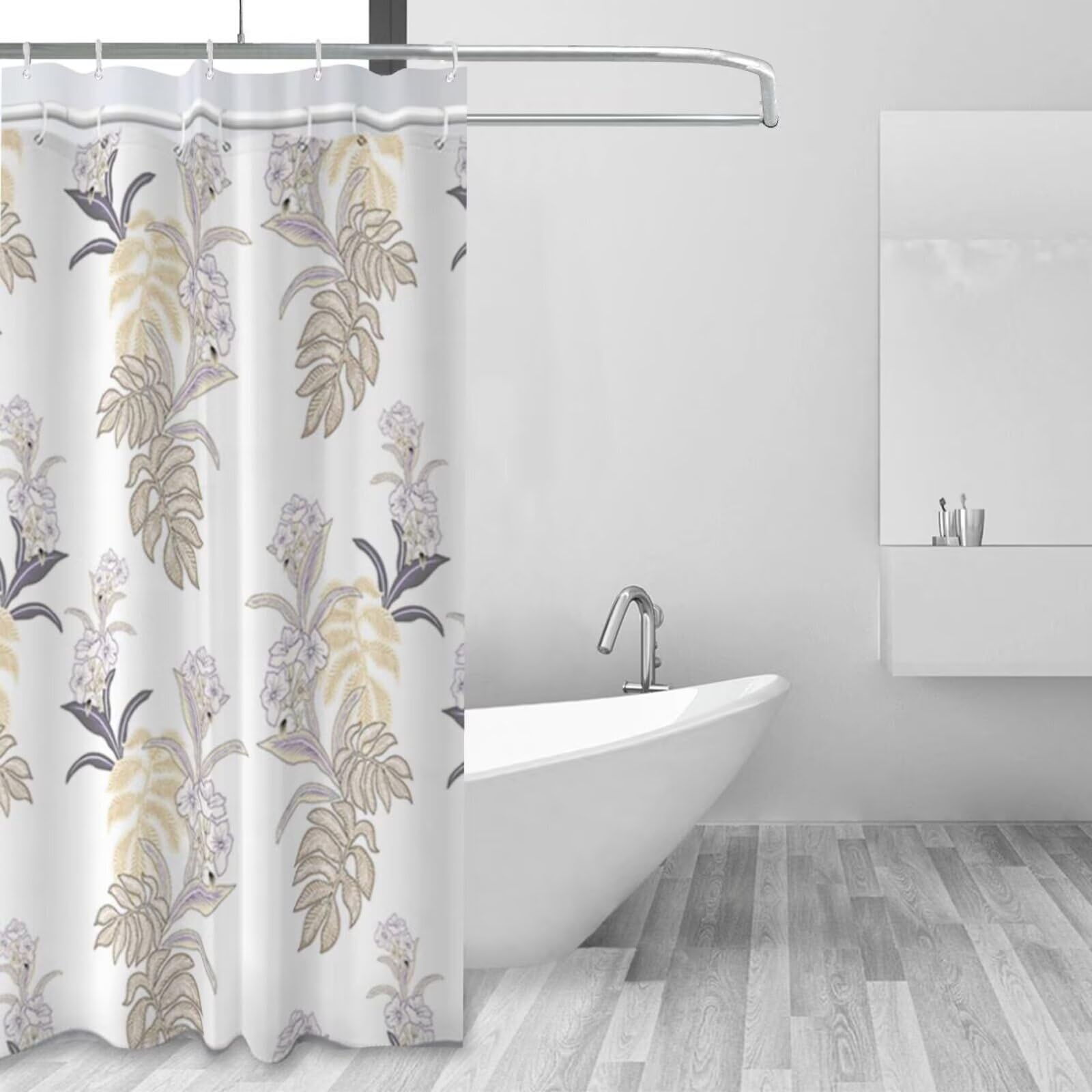 Cortina de ducha impermeable antimoho de 240 x 200 cm, poliéster, lavable, antibacteriana, incluye 12 ganchos de plástico, dobladillo pesado, uso familiar y hotel, diseño floral beige K9014