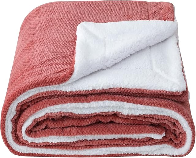 SOCHOW Waffle Sherpa Fleece Throw Blanket, Super Soft Fuzzy Warm, Lightweight Fluffy Reversible Plush Blanket for Bed Sofa Couch, 127cm×150cm Coral pink