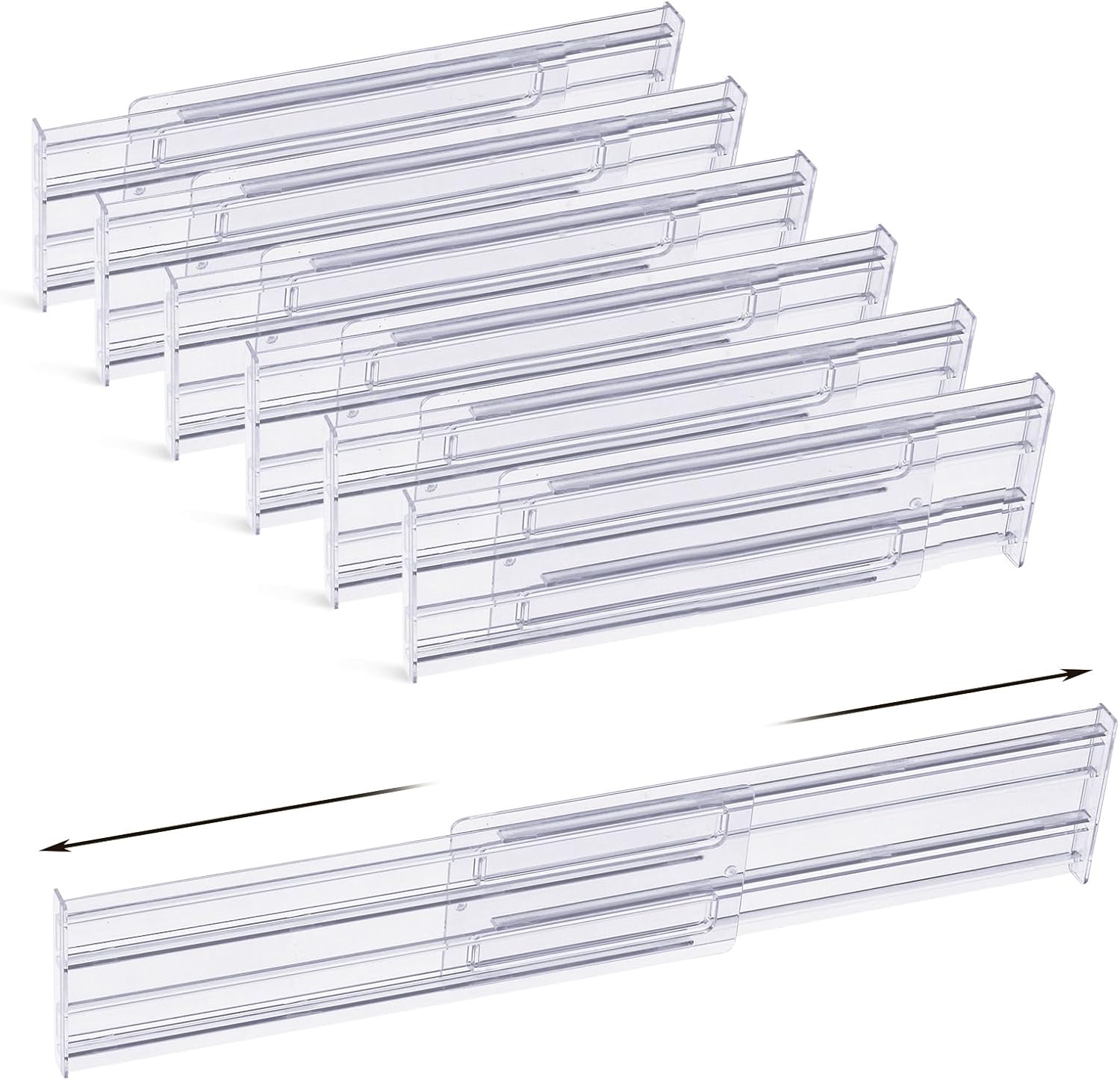 seinlife 6 Pack Plastic Drawer Dividers 3.2" High, 11-19.7" Adjustable Drawer Organizers for Clothes, Expandable Separators in Bedroom/Kitchen/Office Organization and Makeup Cosmetic Storage-Clear