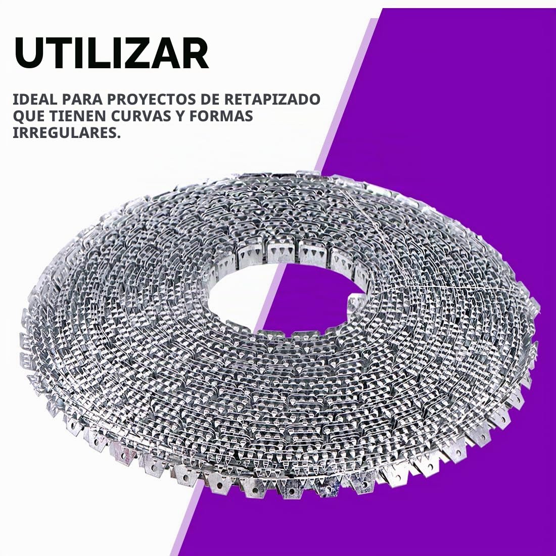 Swpeet Tira de metal flexible de 65 pies para tapicería de tres dientes, agarre fácil para muebles, sillas, bordes de acabado de sofá en brazos curvos, respaldo de ala o parte arqueada de sillas
