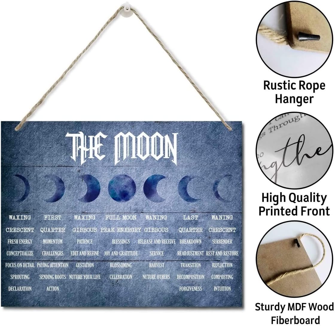 The Moon Phases Meanings Witchery Wooden Wall Art Signs, Hanging Printed Wall Plaque Wood Signs, The Moon Sign, Home Decor, Witch Vintage Poster Signs, Decor Aesthetic for Bedroom 10 X 7.8 in