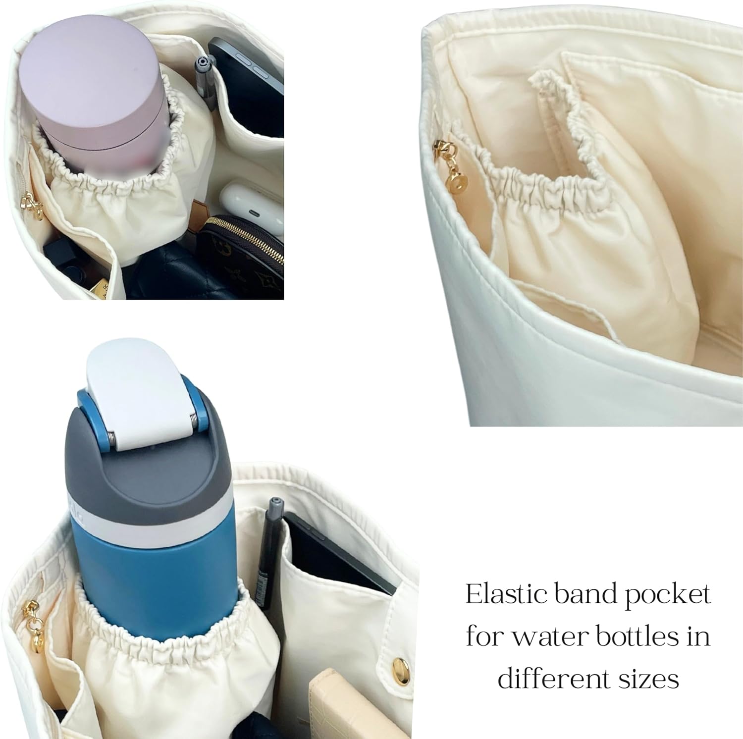 Nylon Organizer for St Louis Tote Bag PM/GM, Waterproof Purse Insert Liner with Zipper Pocket Water Bottle Holder (PM, Ivory)