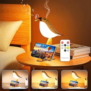 Small Desk Lamp, Small Bird Table Lamps,2600mAh Rechargeable Cordless Lamp, 3 Color Temperatures, Remote & Touch Sensor, Timer & Bird Sound, Portable Desk & Nightstand Lamp for Bedroom, Kids (Maple)