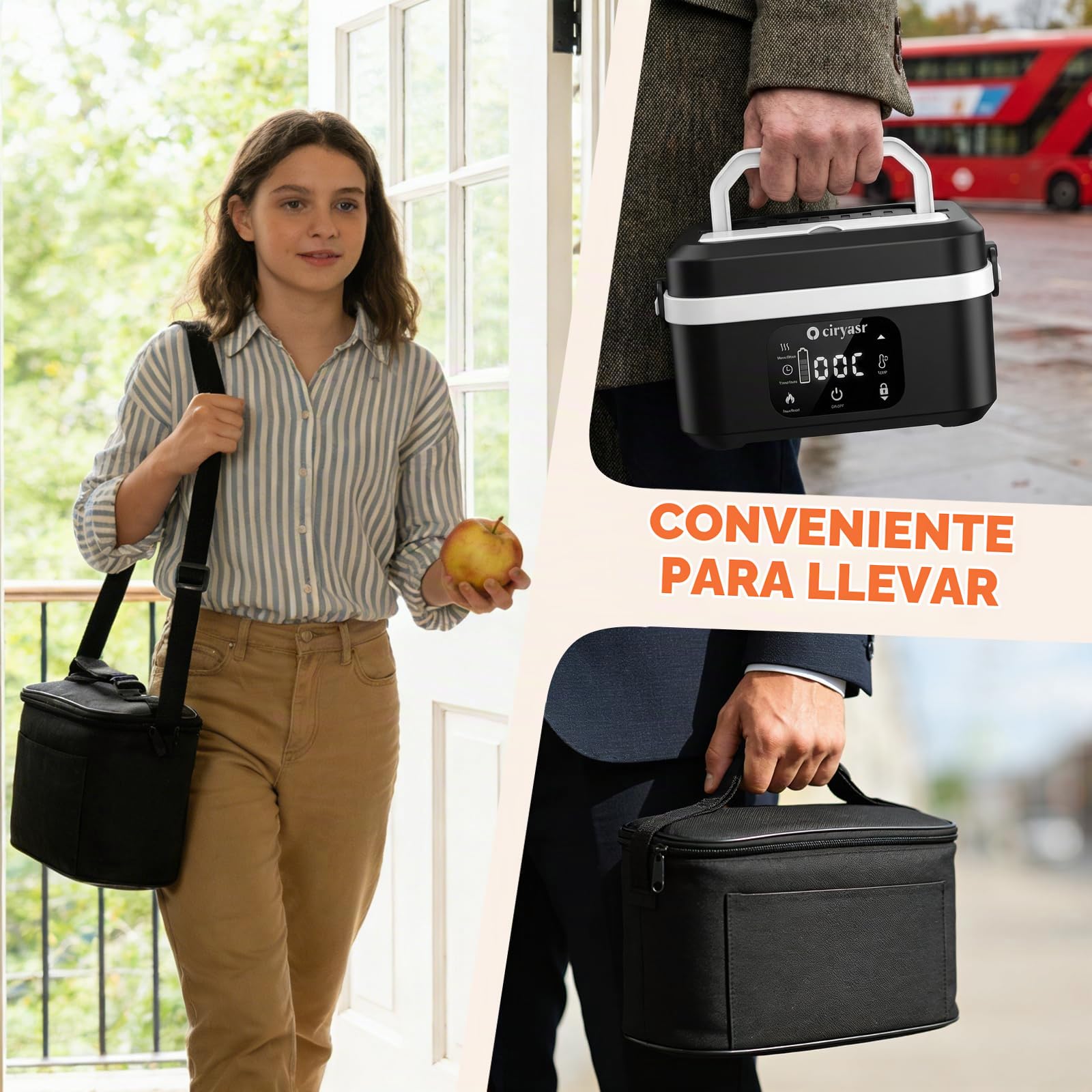 Fiambrera Eléctrica Inalámbrica, Taper Electrico para Comida con Calentamiento Programado, Lunch Box Adultos de 1,35 L, Calentador Portátil con Bolsa Isotérmica, Apto para uso en exteriores
