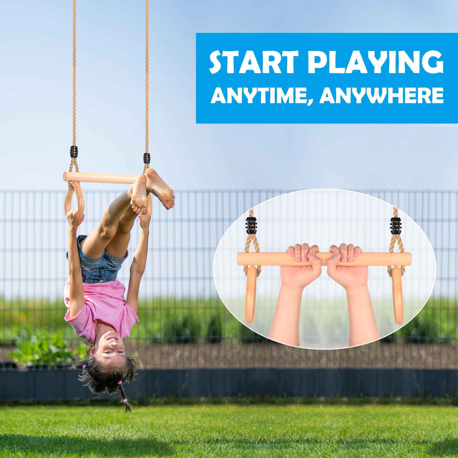 Trapez Schaukel, Trapez Stange Outdoor mit Turnringen Multifunktions Schaukel Kinder mit Verstellbarem Hanfseil Kinderschaukel Turngeräte für Kinder Indoor Outdoor