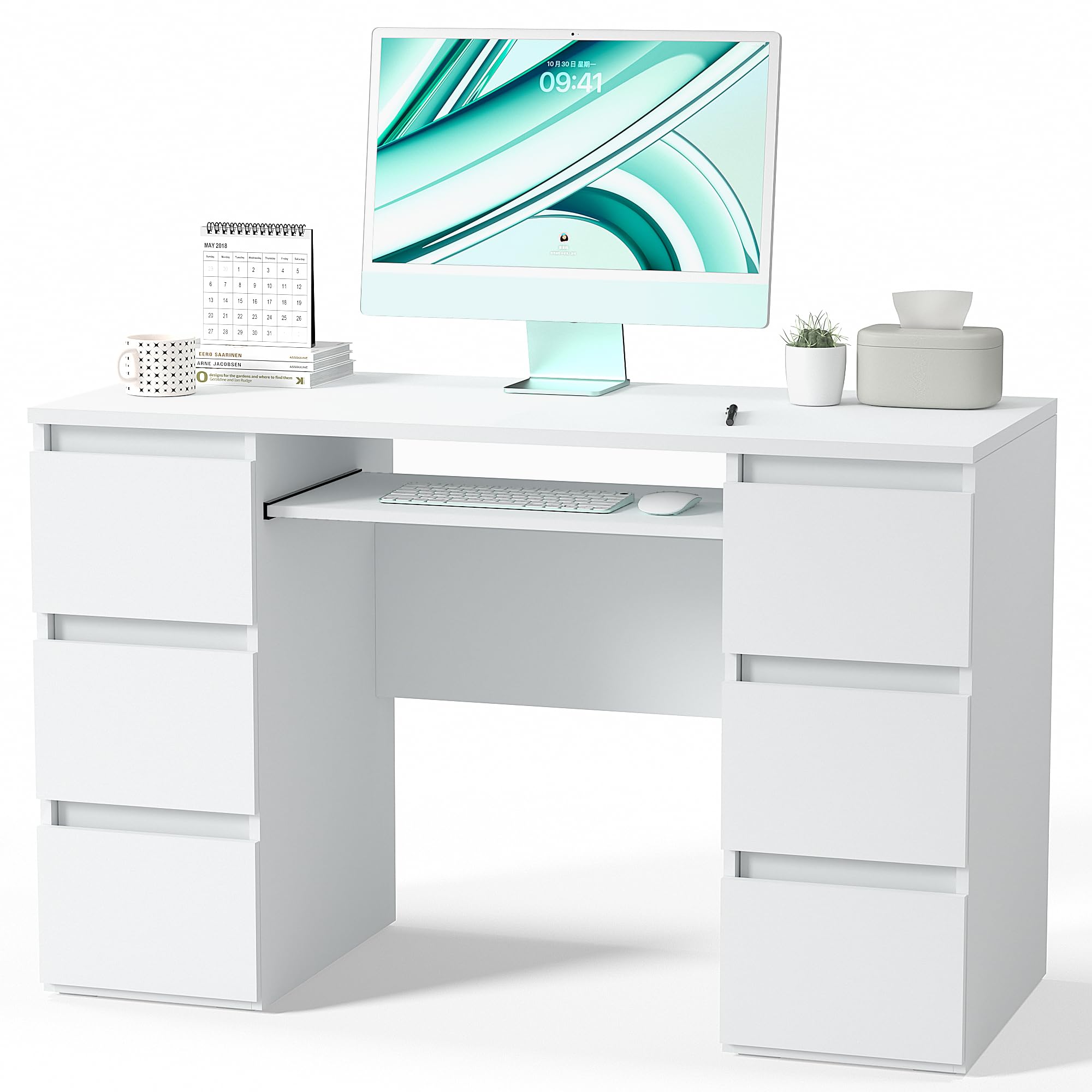 Computer Desk with 6 Drawers, 47 Inch Home Office Writing Desk with Storage Shelf, Modern Work Study Writing Table Desk, Wood PC Laptop Table, Vanity Desk for Bedroom, White