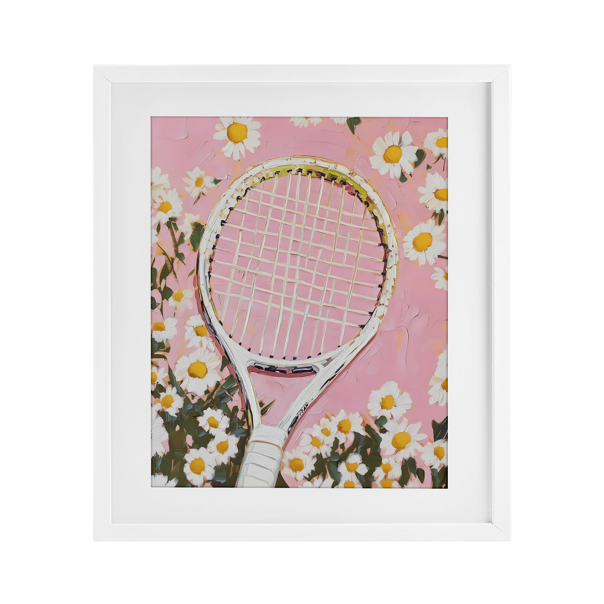 Stupell Industries Coastal White (Textured) 'Pink Tennis Racket & Daisies', Framed Print Under Glass, White, 13 X 16 Inches, Easy To Hang And Sturdy, Made In Usa, By Lsr Design Studio