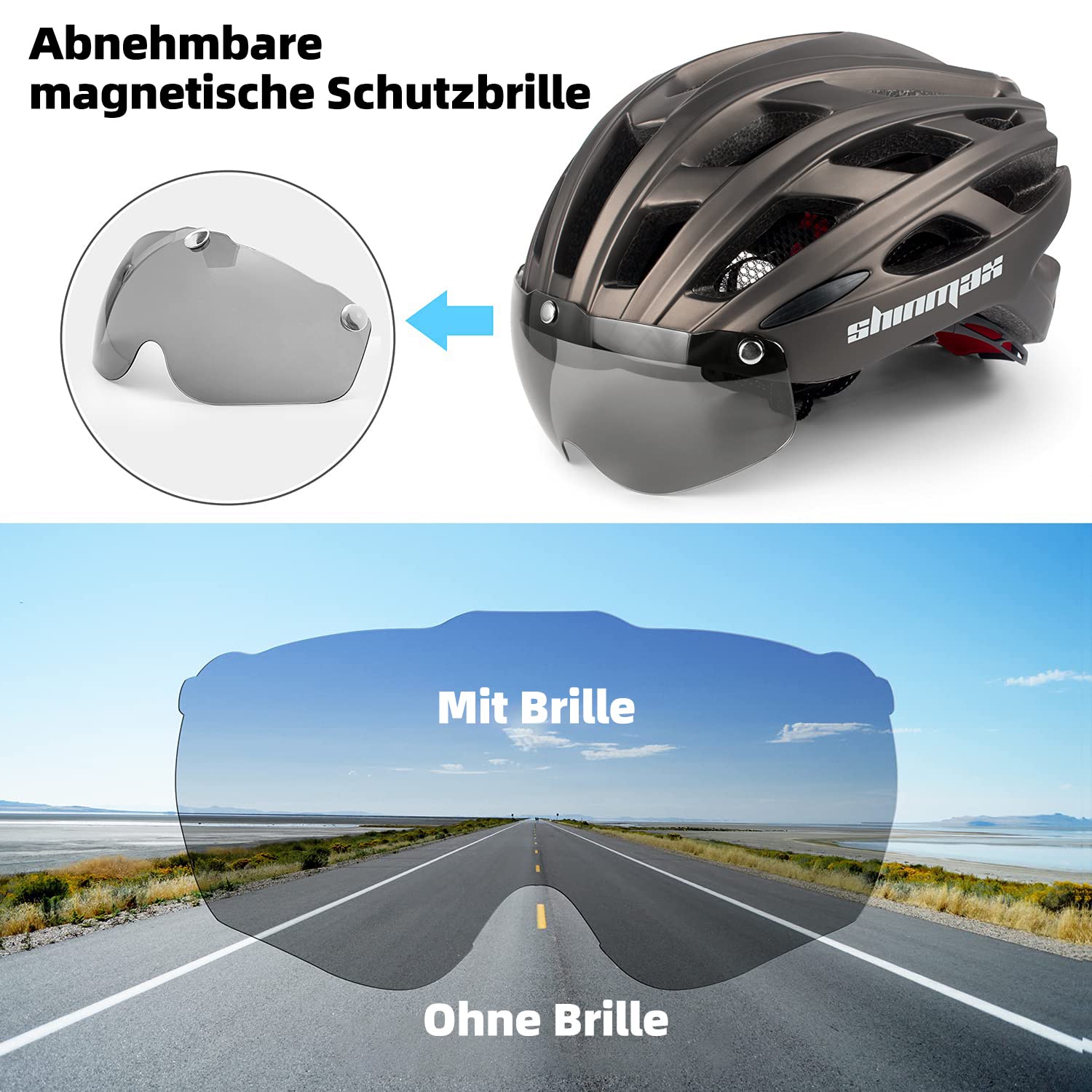 Shinmax kask rowerowy, certyfikat CE, kask rowerowy ze zdejmowanymi okularami ochronnymi, wizjer, dla dorosłych, mężczyzn i kobiet, regulowana ochrona bezpieczeństwa, tylne światło LED, do deskorolki, jazdy na nartach, snowboardzie NR-096