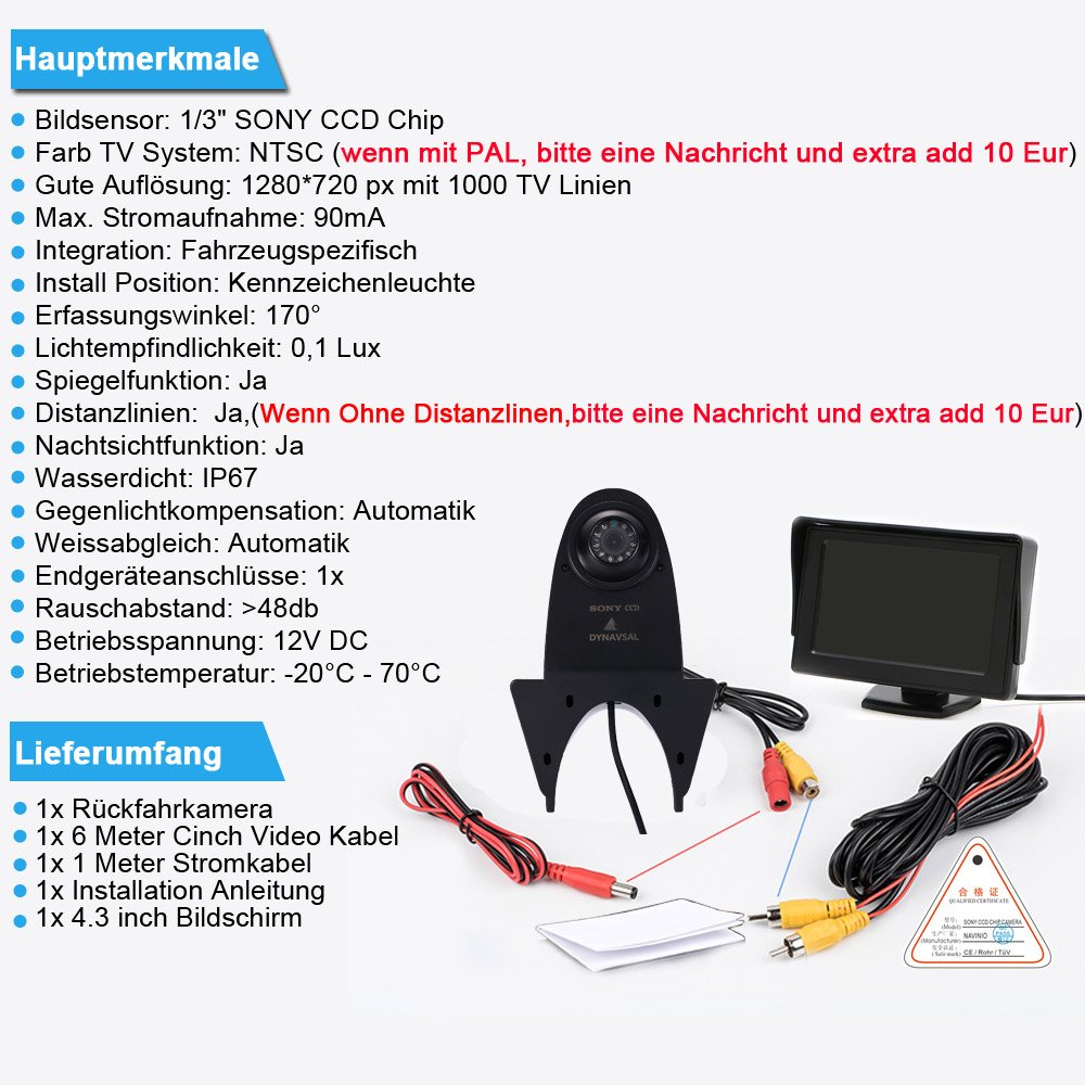 Rückfahrkamera Monitor + Rückfahrkamera Transporter, IR Nachtsicht Auto Kamera mit 4.3 Zoll LCD Farbdisplay wasserdichte,Rückfahrkamera für VW Crafter T5 Mercedes Sprinter Viano Vito Transit Ducato