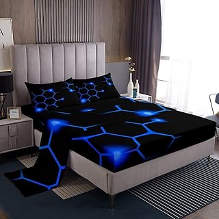 Hexagonal Bed Sheet Set Geometric Honeycomb Sheet Set Modern Beehive Hexagon Bed Sheets for Children Kids Boys Girls Neon Blue Black Decor Sheets Room Decor Bedroom Collection Queen Size 4Pcs