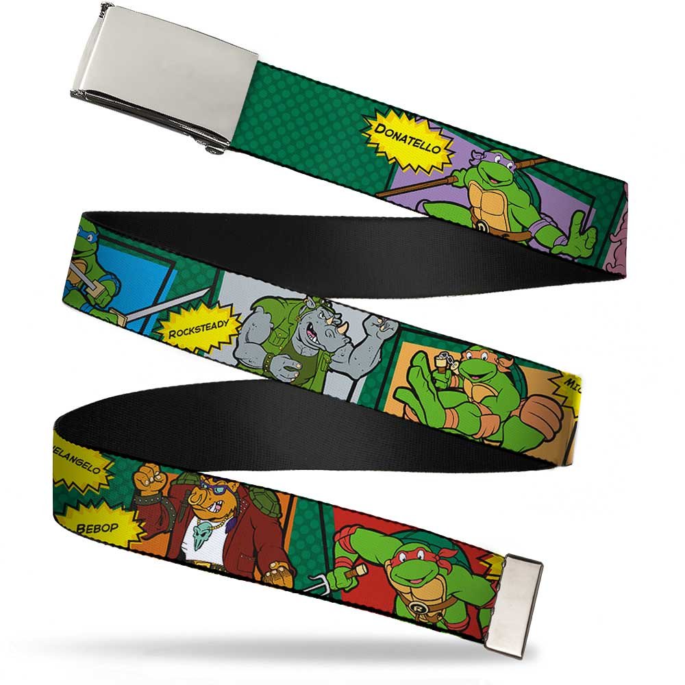 Buckle-Down unisex-adult's Web Belt Ninja Turtles 1.25", Classic TMNT Character Comic Scenes, Wide-Fits up to 42" Pant Size