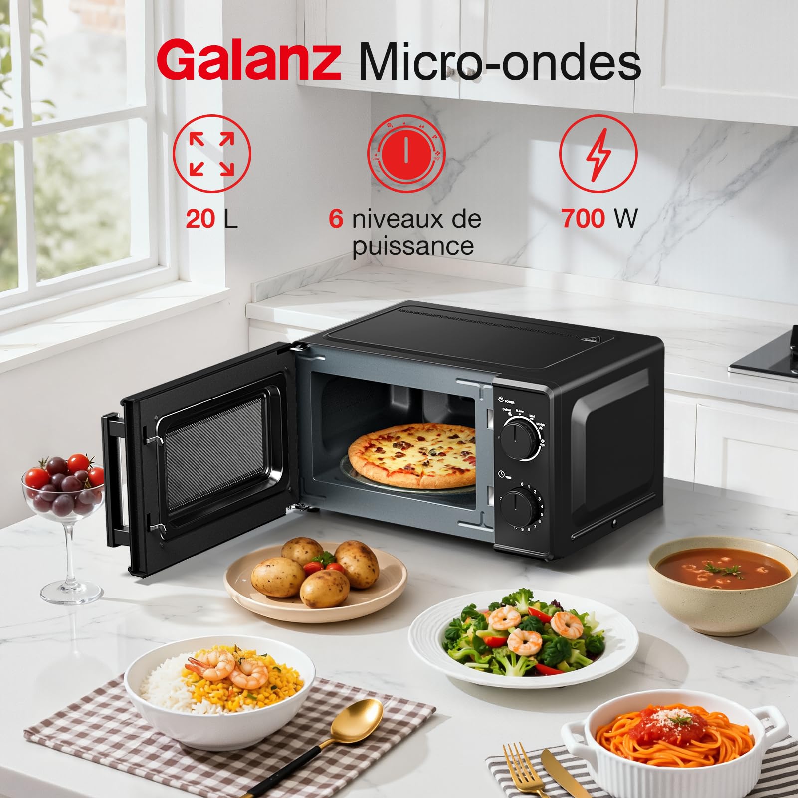 Galanz 20L Micro-Ondes Pose Libre avec Plateau Tournant-700 W-Noir | Four Micro-Ondes Solo, 6 Niveaux de Puissance dont une Fonction Décongélation, 2 Boutons Rotatifs, Facile à Utiliser