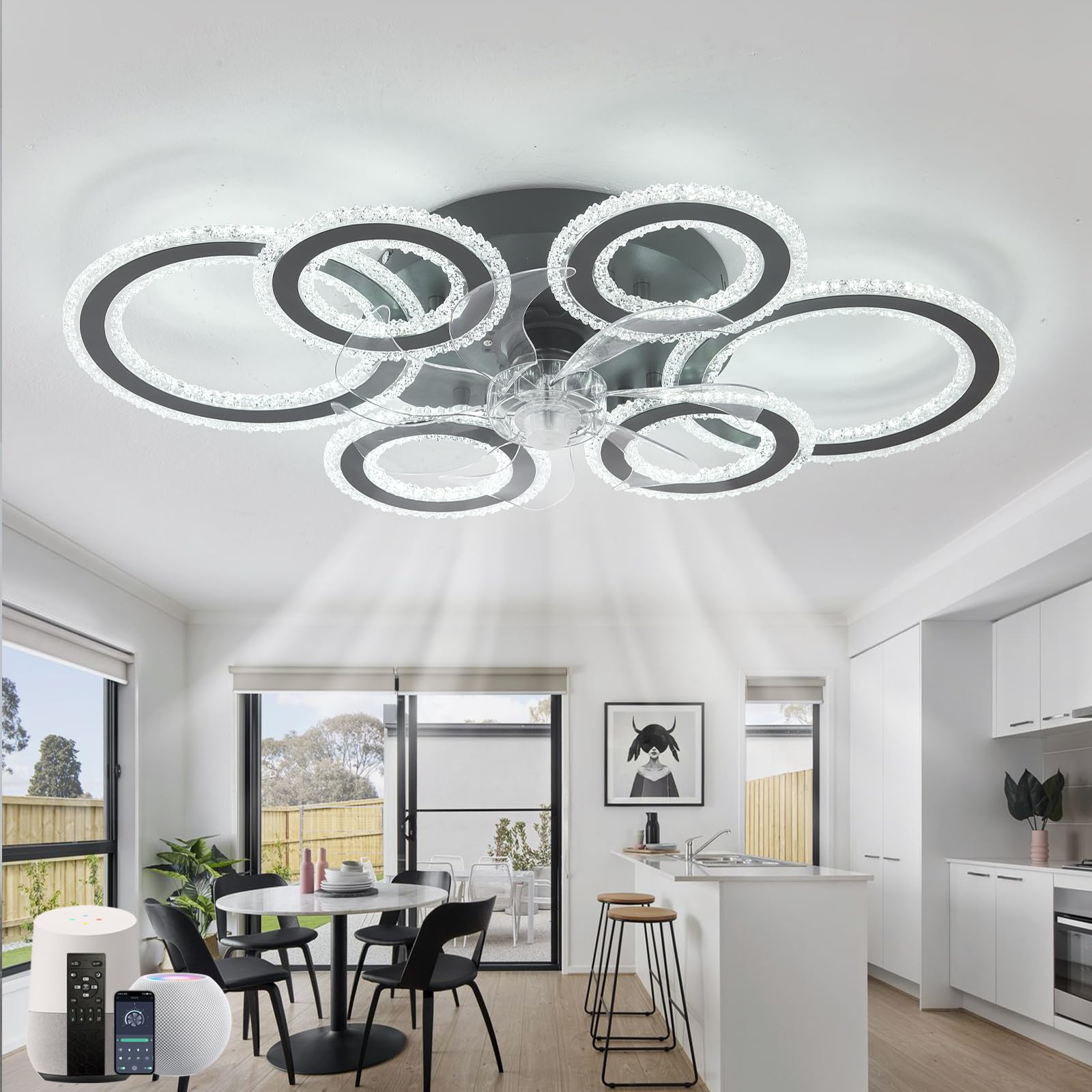 Smart Schlafzimmerlampe Mit Ventilator Kompatibel Mit Alexa Und Google Home,Deckenlampe Mit Ventilator Leise Mit Fernbedienung,76cm Deckenventilator Mit Beleuchtung Winterbetrieb-White