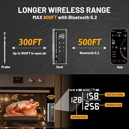 Miniatura 3 de Termómetro inalámbrico para carne con temporizador inteligente y control de aplicación, termómetro Bluetooth de 800 pies para parrilla, sonda