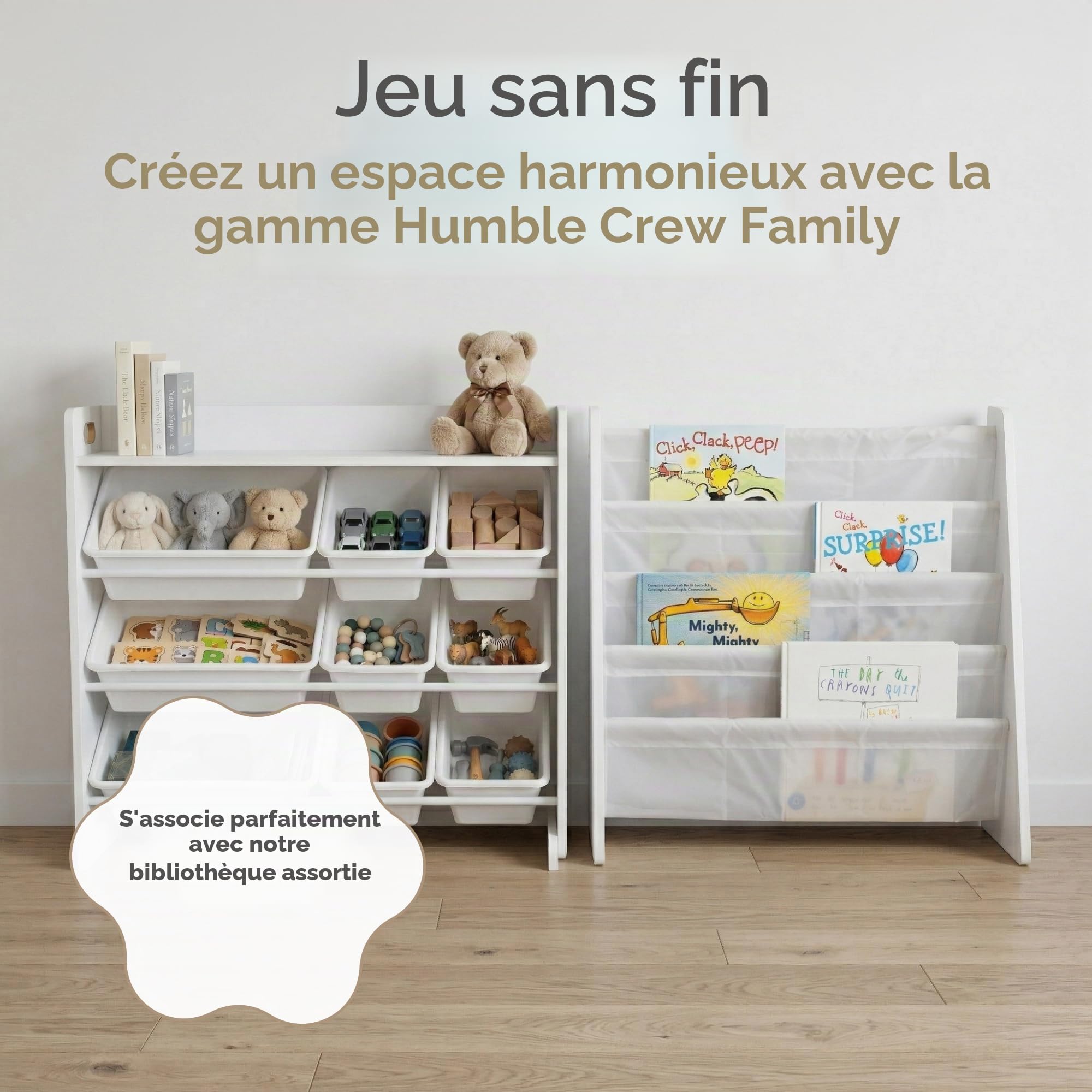 Humble Crew, étagère pour enfants, organisateur de jouets avec 9 bacs de rangement, blanc/blanc