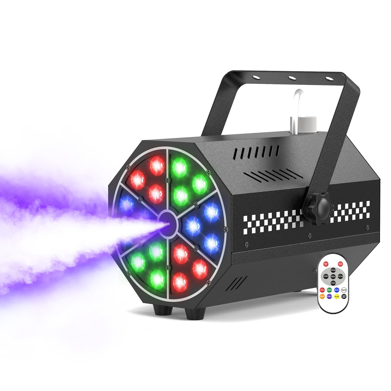 Macchina del fumo, 18 LED RGB con telecomando, LED luminosi, gradiente di colore, salto, impulso, strobo, per feste, Natale, Halloween, DJ, palchi e spazi aperti