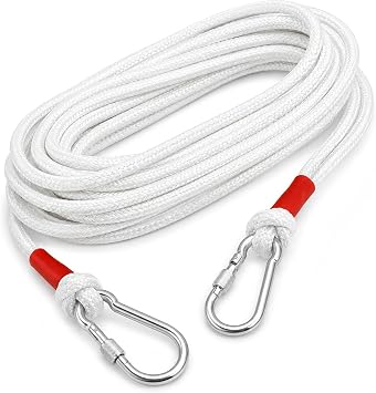 Enenes Heavy Duty Flagpole Rope Replacement, 5/16 Inch x 66 Ft White Braided Polyester Wire Center Halyard with Steel Core and 2 Locking Snap Hooks for Outdoor Flagpoles