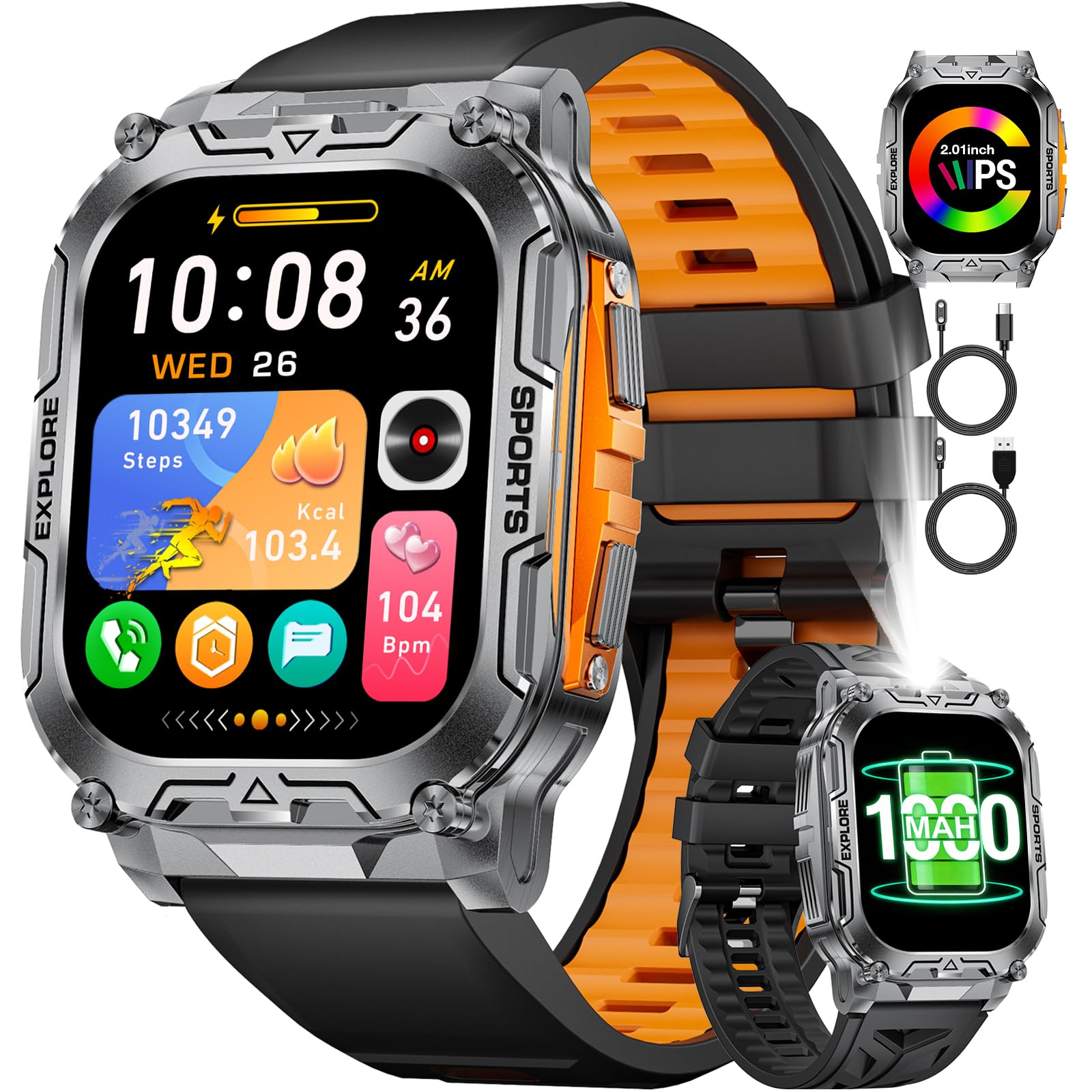 Reloj Inteligente Hombre Llamada Bluetooth, 2.01" Militar Smartwatch con 1000 mAh/Llamada Bluetooth/LED Linterna, 110+ Modos Deportivos, Pulsómetro/Monitor de Sueño, IP68 Reloj, Android iOS,BWTX12-E