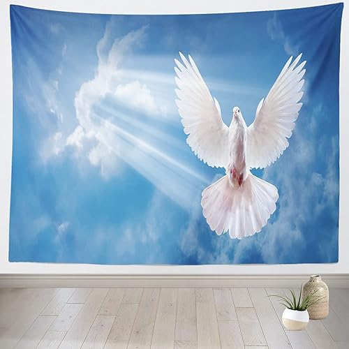 Loccor Tapiz de Jesucristo con luz santa irradia, cielo azul, nubes blancas, palomas, para colgar en la pared, tapiz conmemorativo religioso,