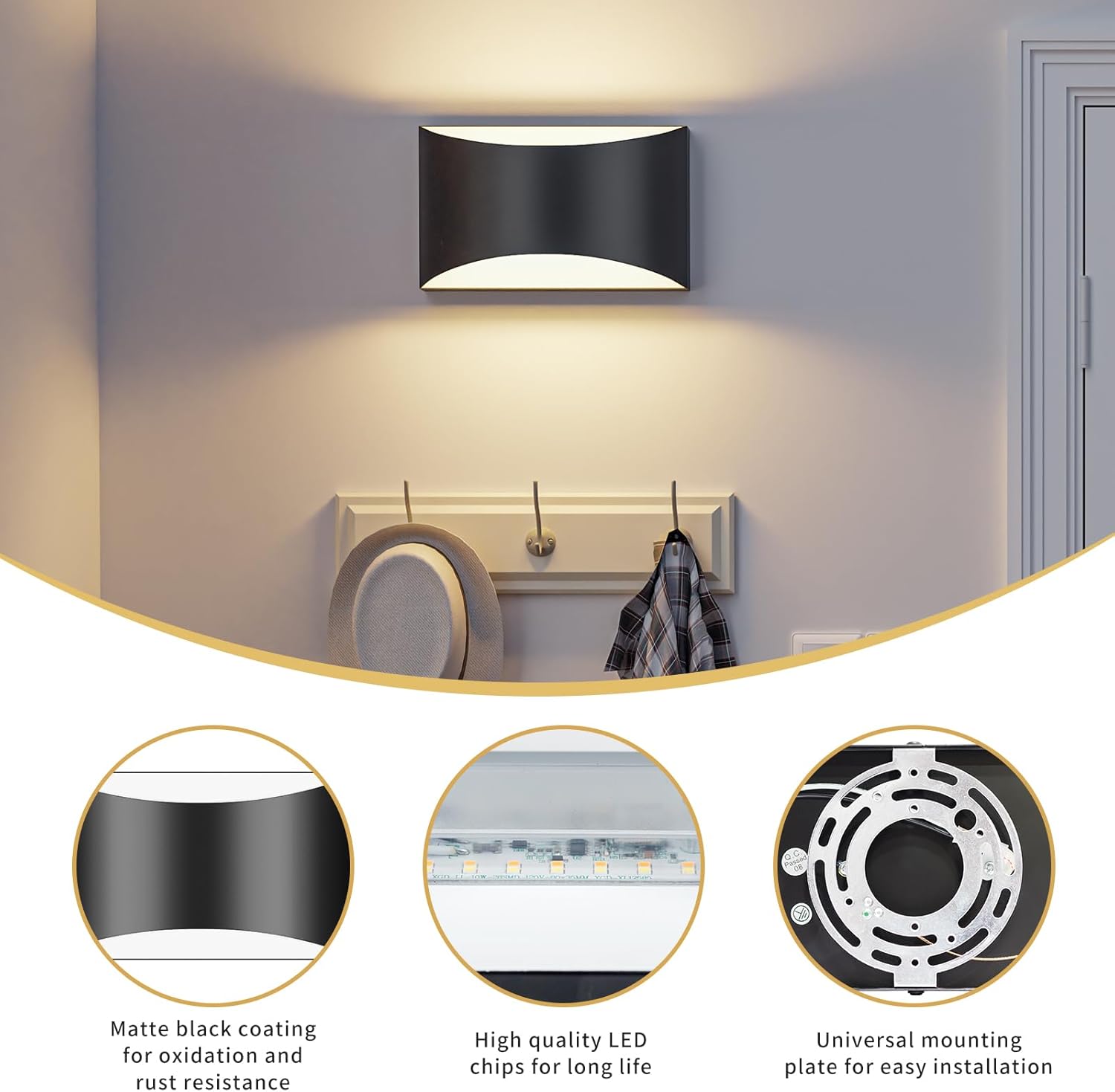 TingMiao Black Modern LED Wall Sconce, Hardwired Wall Sconces Set of 2, 3 Colors Indoor Wall Lamp, 10W Up and Down Aluminum Wall Mount Light for Bedroom Living Room Hallway Corridor (Black, 2 Pack)